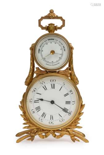 A fine antique French carriage barometer clock in ormolu cas...