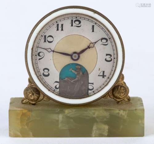 A Continental miniature clock on a green onyx base, circa 19...