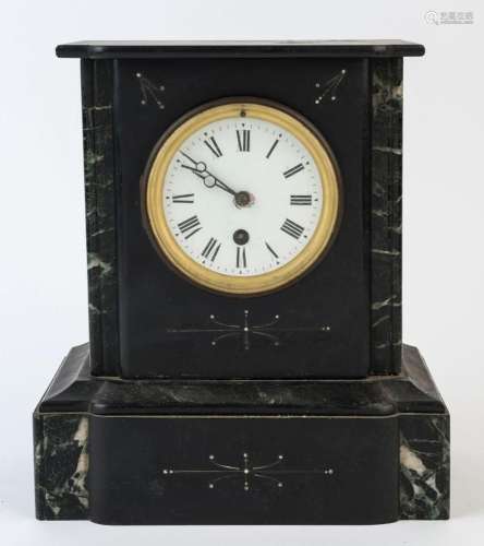 An antique French mantel clock, timepiece only in black slat...
