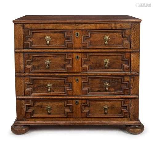 Charles II antique English oak four drawer chest with recess...