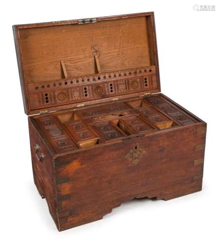 An Anglo-Indian teak travel trunk, interior attractively fit...