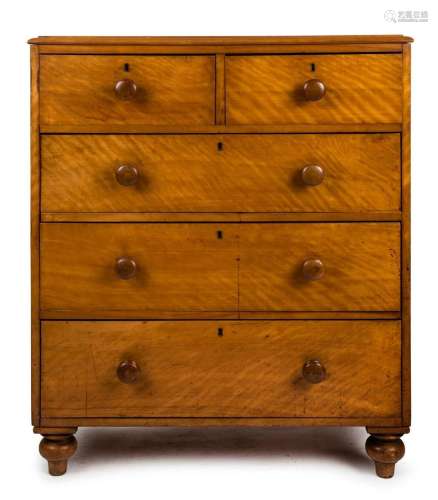 An antique English five drawer chest, satinwood, with brass ...