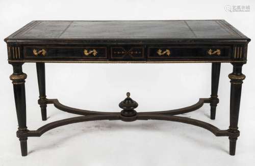 A French bureau-plat desk, ebonised finish with ormolu mount...