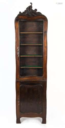 An antique French provincial display cabinet of unusual narr...
