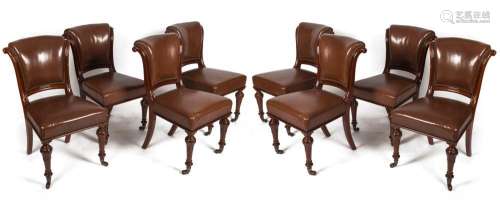 A set of eight antique English mahogany chairs with brown le...