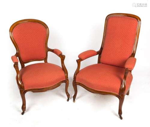 Two antique English walnut salon armchairs with salmon pink ...