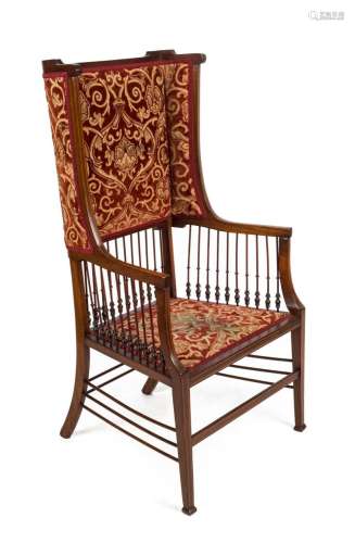 An unusual antique English high back salon chair with fine t...