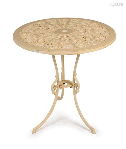 A reproduction circular cast iron garden table with cream pa...