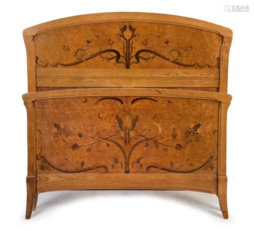 A French Art Nouveau 3/4 bed with floral marquetry inlay, la...