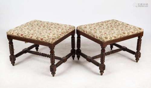 A pair of antique English oak footstools with bobbin turning...