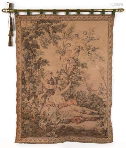 A French tapestry on brass rail, mid to late 20th century, 1...