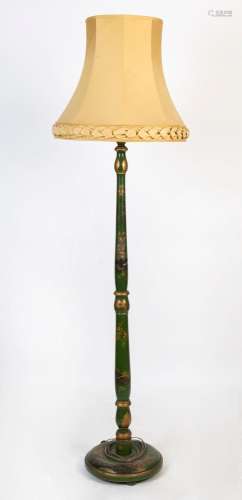 A green chinoiserie standard lamp with gold coloured shade, ...