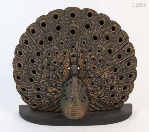 A vintage ceramic peacock lamp, 20th century, 34cm high, 36c...
