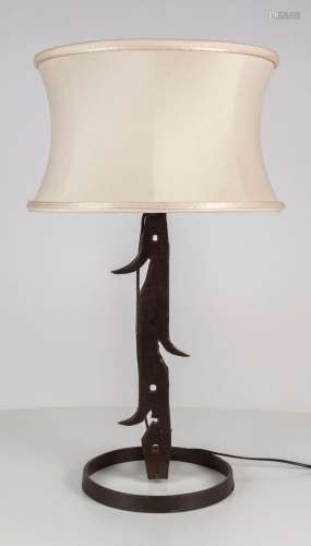 An industrial wrought iron table lamp and shade, late 20th c...