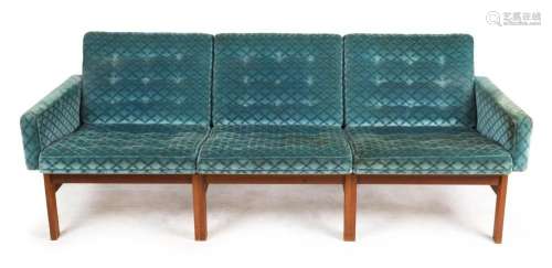 A vintage Danish three seat settee, teal velvet and teak, 18...