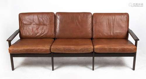 A vintage Scandinavian three seat settee with tan leather cu...