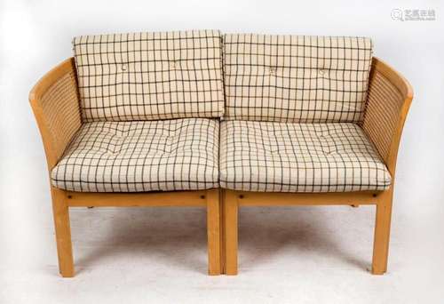 A Scandinavian ash two seat settee with rattan back and side...