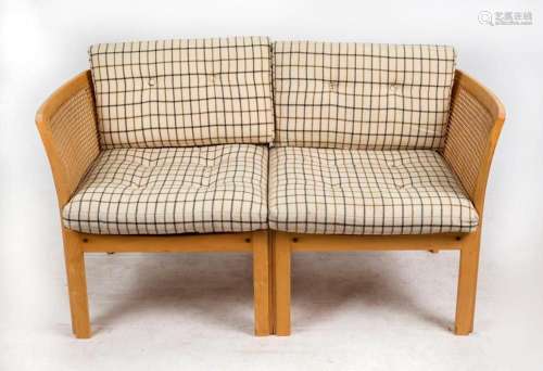 A Scandinavian ash two seat settee with rattan back and side...