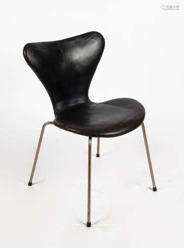 A vintage Danish black leather yoke back office chair, impre...