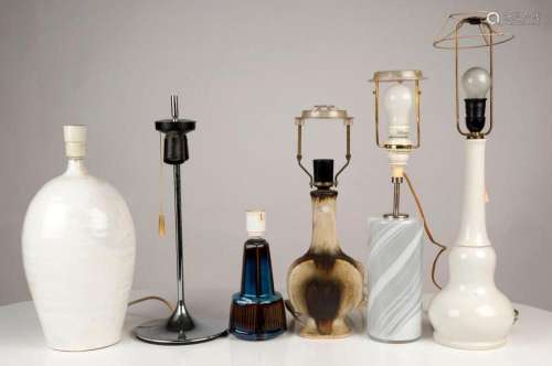 Six assorted vintage table lamp bases including glass, potte...