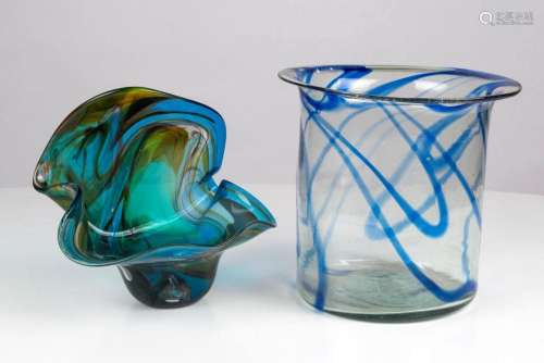 Two Art Glass vases with blue and green swirling design, the...