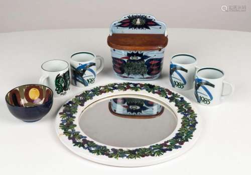 Danish porcelain circular mirror, salt pig, bowl and four co...