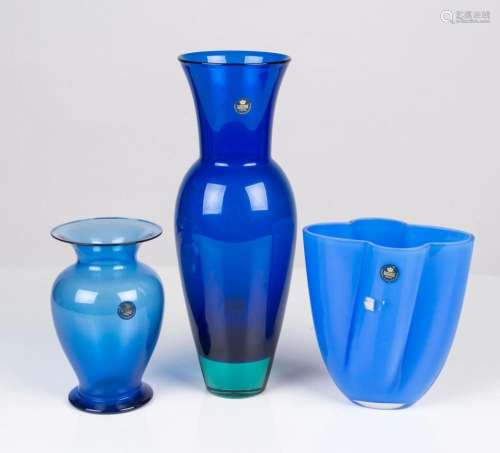 ROYAL COPENHAGEN CRYSTAL group of three blue glass vases, th...