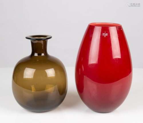 A Scandinavian amber glass bottle vase together with a HOLME...