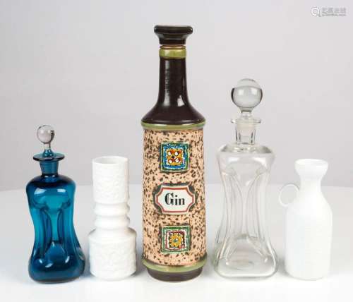 Ceramic gin decanter, two Danish glass decanters and K.P.M. ...
