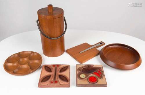 A Danish teak wine carrier, savoury dish and cheese board to...