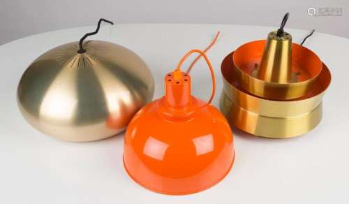 Three vintage Danish orange and gold metal hanging lights, N...