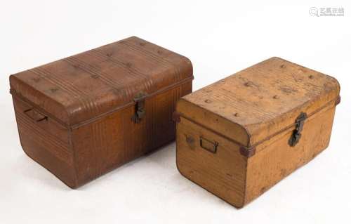 Two antique metal trunks with hand-painted wood grained fini...