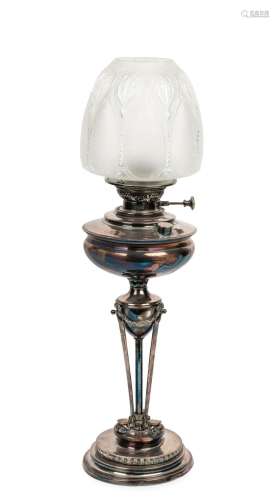 An unusual silver plated antique kerosene lamp with single b...