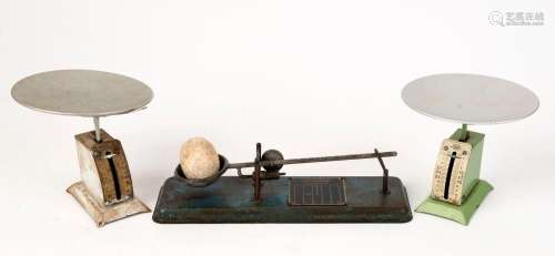 Antique egg scales and two sets of vintage kitchen scales, e...
