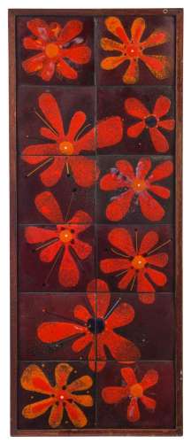 Danish ceramic tile display in timber frame, circa 1960s, 63...