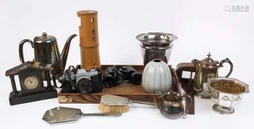 Box of sundries including timber tray, camera, binoculars, c...