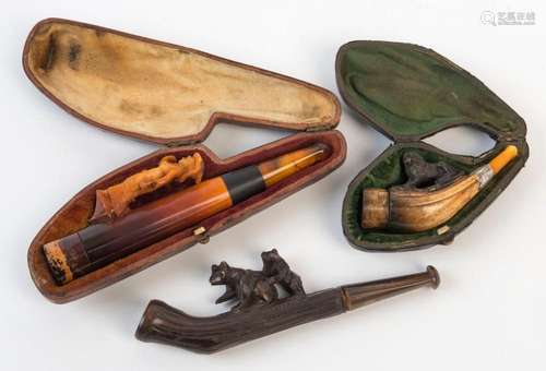 CHEROOT HOLDERS, three antique examples including Meerschaum...