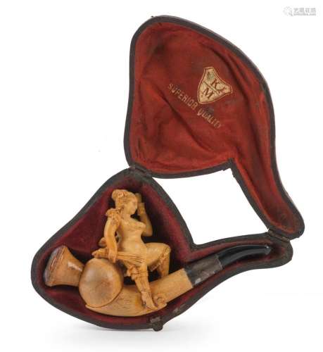 An antique Meerschaum pipe with carved female figure, housed...