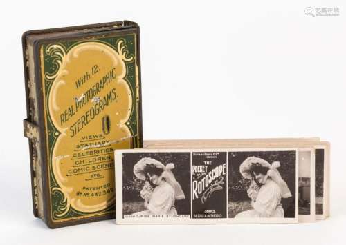 ROTOSCOPE pocket stereo viewer with cards, circa 1910, 7.5cm...