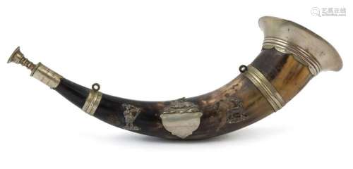 A Continental antique hunting horn with silver finished moun...