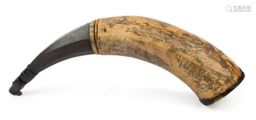 An antique scrimshaw powder horn engraved with hunting scene...