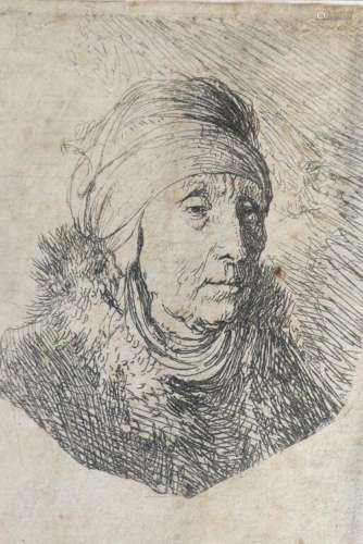 REMBRANDT VAN RIJN (1606-1669)<br />
Femme avec une haute co...