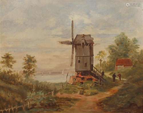 Brun. Fin XIXème. Le moulin à vent. Huile sur toile. 20 x 25...