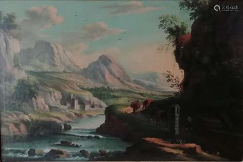 École italienne vers 1700. Paysage de montagne animé avec ri...