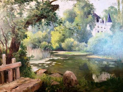 Louis Maurice PIERREY (1854-1912). Paysage au château. HSToi...