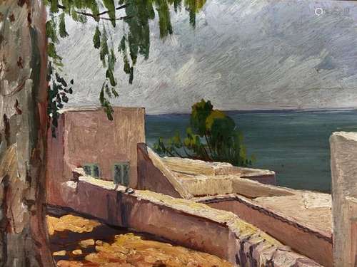 YAHIA TURKI (1902-1969). Bord de mer en Tunisie. HSPanneau. ...