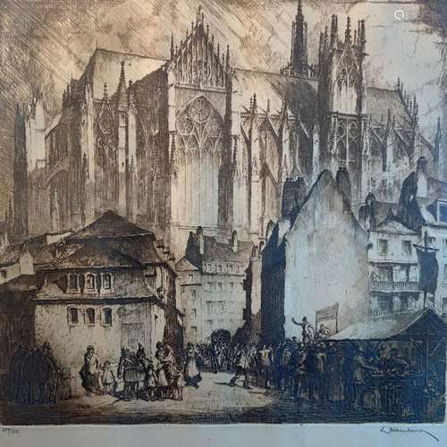 François Wallenborn. Vue de la cathédrale de Metz. Estampe. ...