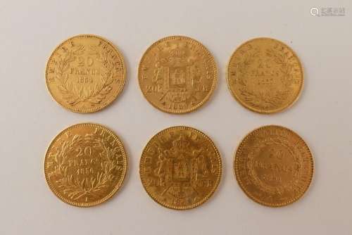 6 pièces de 20 francs or. Napoléon. Poids. 38,4 g.