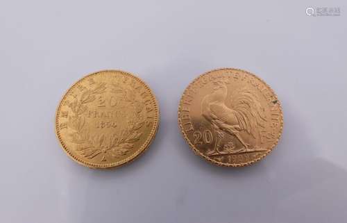 2 pièces de 20 francs or 1856 A et 1909. Poids. 12.8g.