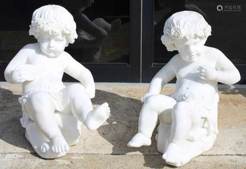 A Vintage & Large Pair of Marble Seated Cherubs.